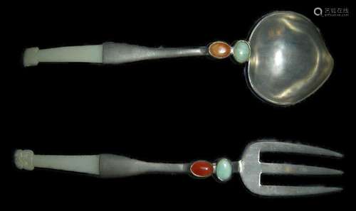 Antique Chinese Pair Of Large Serving Fork And Spoon With Ca...