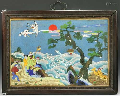 A FINE CHINESE FRAMED ENAMEL CLOISONNE ON BRONZE PLAQUE