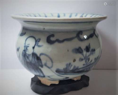 Antique Chinese Ming Blue & White Porcelain Censer Old M...