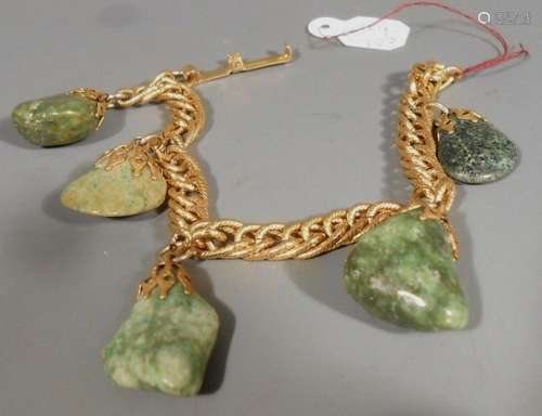 China Chinese Green Jadite Stone Bracelet w/ Gold Plated Mou...