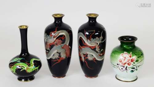 PAIR OF EARLY 20TH CENTURY CLOISONNE BOTTLE VASES, with drag...