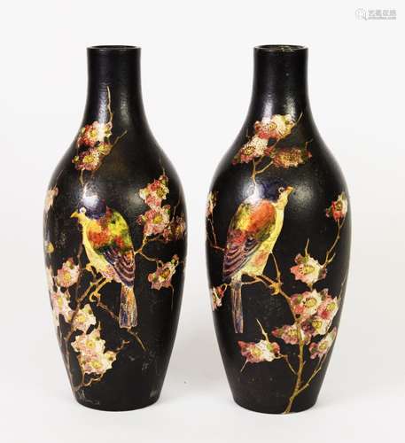 PAIR OF BRETBY BOTTLE, decorated with bird foliate design he...