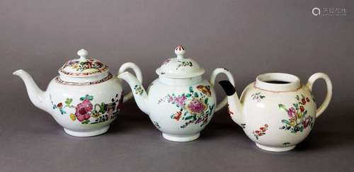 THREE LATE 18TH CENTURY WORCESTER STYLE TEAPOTS, two with co...