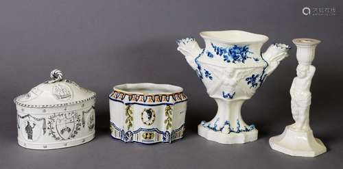 FOUR PIECES OF ENGLISH CREAMWARE, including a double-spouted...