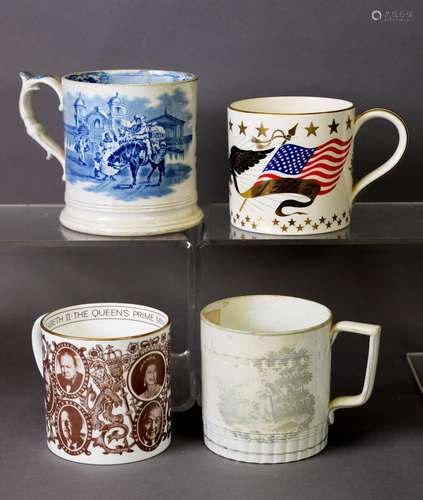 FOUR ASSORTED 19TH CENTURY AND LATER CERAMIC TANKARDS, one w...