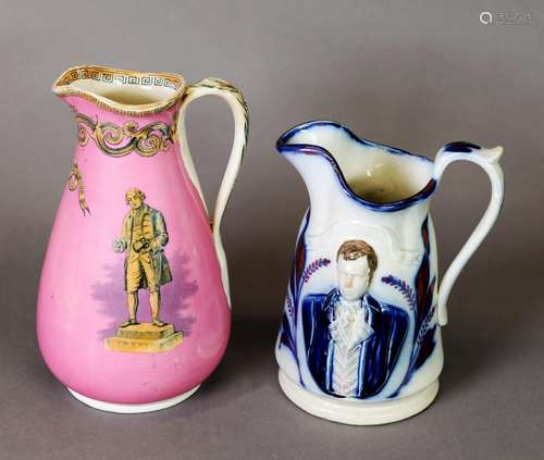 TWO 19TH CENTURY COMMEMORATIVE JUGS, one with pink ground ce...