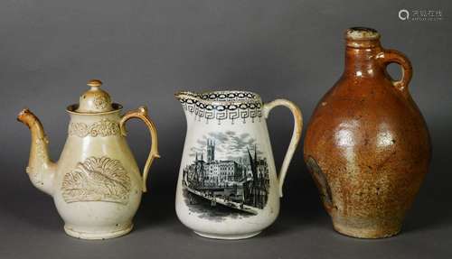 LATE 18TH CENTURY SALT GLAZED STONEWARE FLAGON, similar to a...