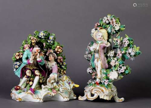 TWO SIMILAR 18TH CENTURY SOFT PASTE PORCELAIN BROCAGE GROUPS...