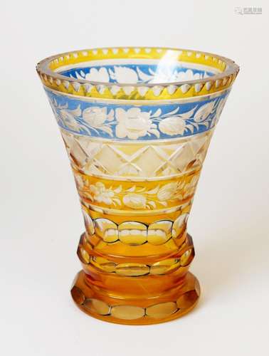 19TH CENTURY BOHEMIAN BLUE AND AMBER FLASH CUT GLASS VASE, w...