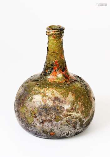 PROBABLY DUTCH EARLY 18TH CENTURY GREEN GLASS ONION BOTTLE, ...