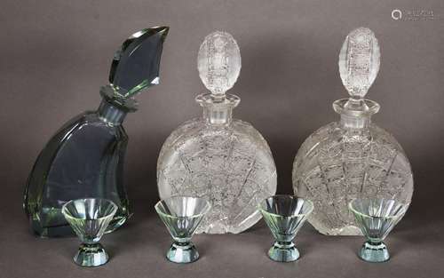 NEAR PAIR OF HAND-BLOWN MOON FLASK DECANTERS, slight variati...