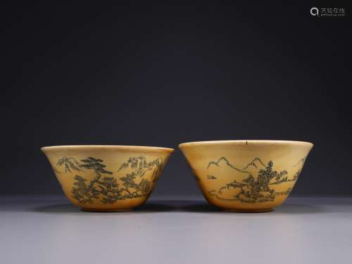 A pair of old y landscape pattern bowlSize: 11.5 x 5.3 cm we...