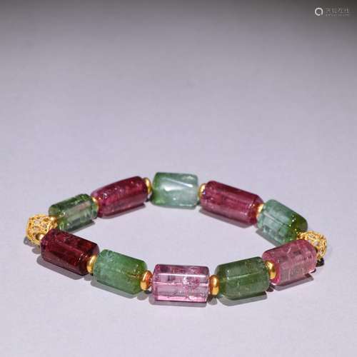 Old tourmaline barrel bead hand, acura peach, green tourmali...