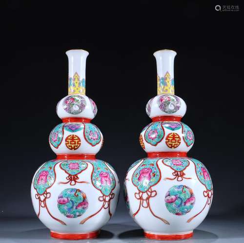 , colored enamel cranes grain gourd bottle a pair of flowers...