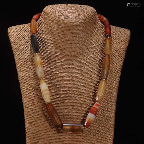 Old agate prismatic necklaceSpecification: bead diameter 3.9...