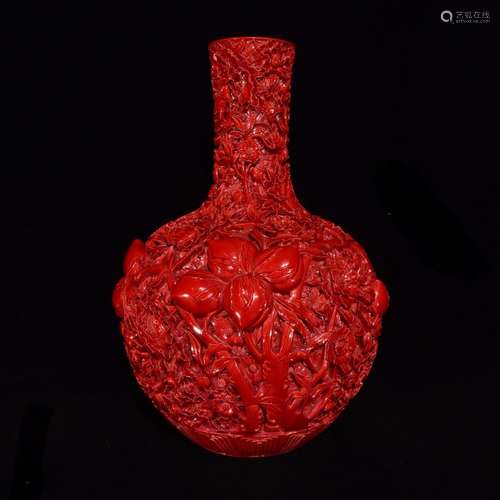 Coral red deep carved peach tree, 51 x 32