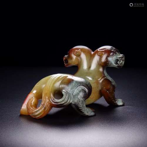 Previously, hotan jade belt ooze a two-headed god beast furn...