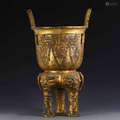 Name, bronze paint gold inlaid jade elephant foot binaural p...