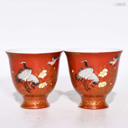 , coral red paint painting of flowers and grain footed cup, ...
