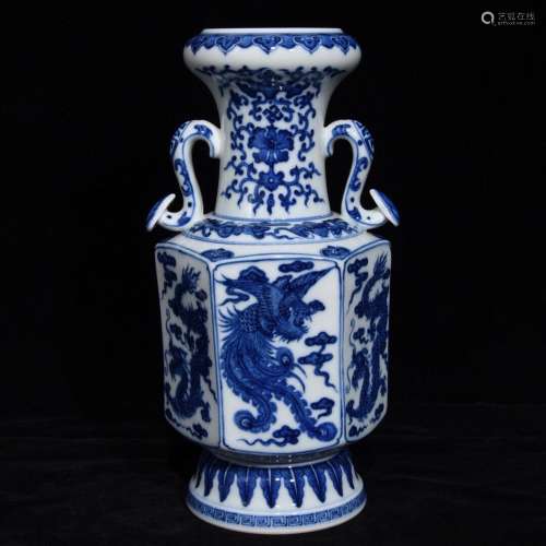Blue and white dragons and phoenixes, grain double ears 27 x...