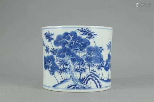 Blue and white shochiku, mei pen containerSize: 17 diameter ...