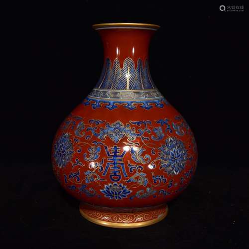 A red glaze porcelain live lines okho spring bottle, 22.5 x ...