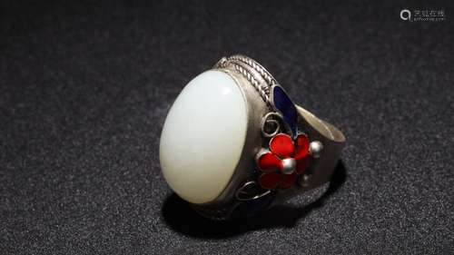 Mana burn: silver inlaid hotan white jade ringLength: 3 cm w...