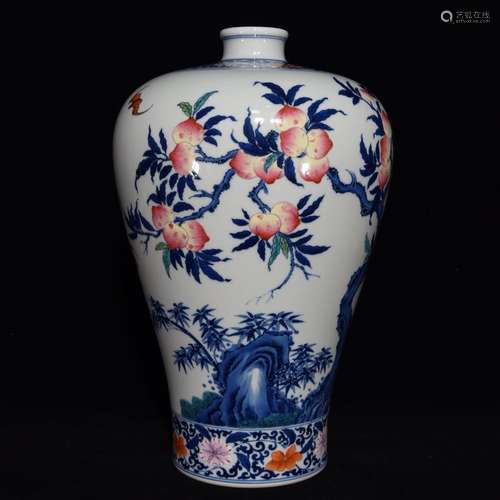 , blue and white enamel live lines mei bottle, 37 x 24