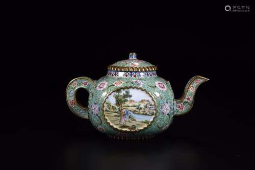 Night: "" copper foetus painted enamel teapot gree...