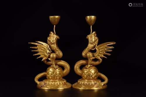 : copper and gold dragons candlestick a pairDiameter of 15 c...