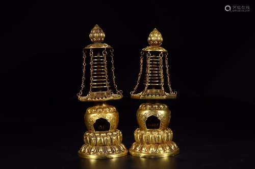 : copper mine loader gold Buddha grain pagoda a pairHigh 8.1...