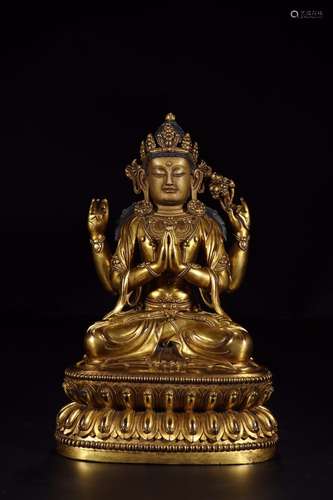 Four arm guanyin cave: copper and gold18 cm high 13.8 cm hig...