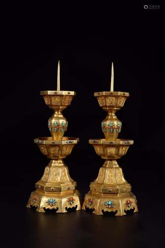 : copper gold and stone agate eight side candlestick a pairS...