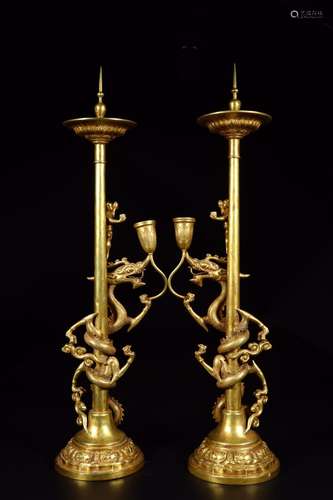 : copper and gold panlong candlestick a pairSize: 17 cm long...