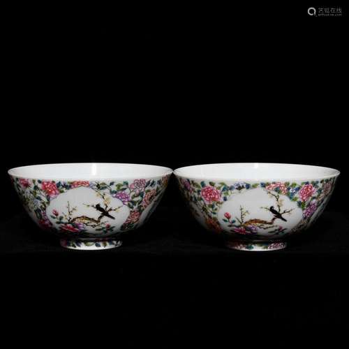 Pastel four seasons of flowers and birds green-splashed bowl...