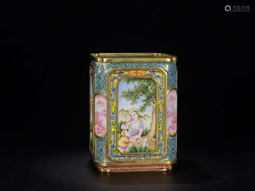 Brush pot: colored enamel western charactersSize: 9.2 cm lon...