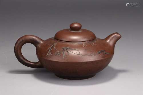 : bamboo leaf veins purple sand teapot15.7 cm long, 11.5 cm ...