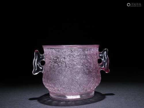 Pink coloured glaze carving dragon halberd ear incense burne...