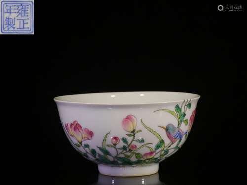 ."" hand-painted powder enamel green-splashed bowl...