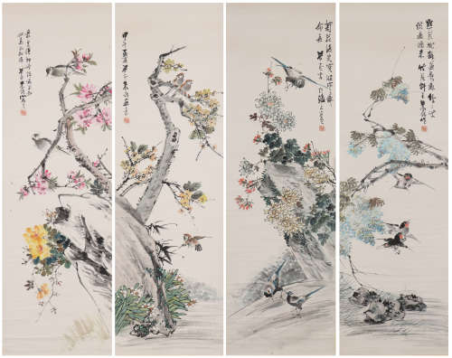 朱梦庐 1826-1900 花鸟四屏