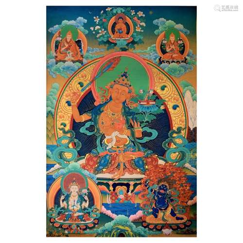 Vintage Tibetan Thangka Manjushree on Linen