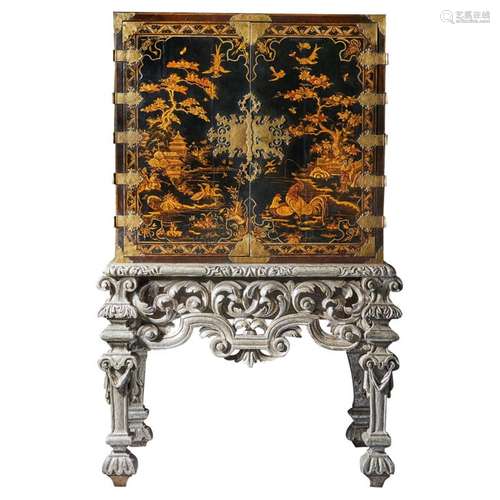 17th Century William and Mary Japanned Cabinet on Original S...