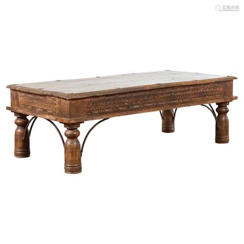 19th Century Indian Rustic Coffee Table with Carved Apron an...