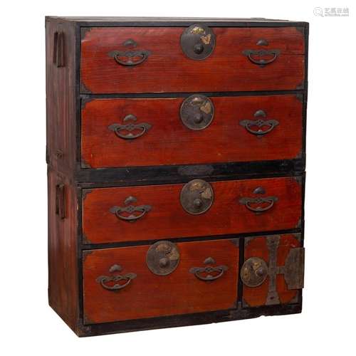 Japanese Meiji Period Two-Part Tansu Clothing Chest with But...