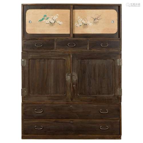 Japanese Taishō Early 20th Century Cabinet with Hand-Painted...