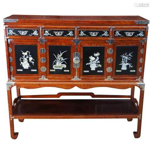 Chinese Elm Mother of Pearl Cabinet Chest on Stand Chinoiser...