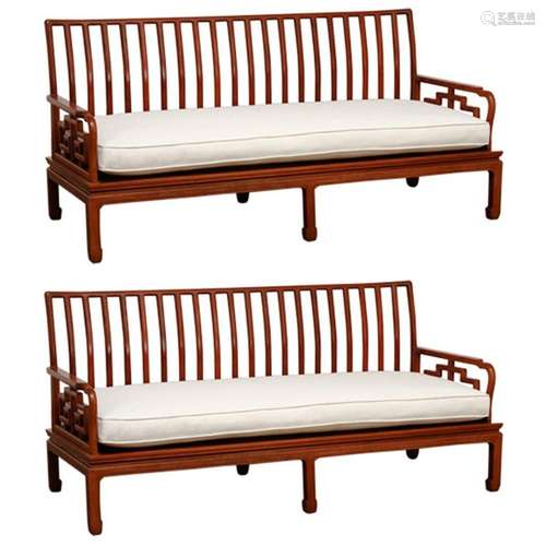 Pair of Chinese Rosewood Carved Sofas or Benches