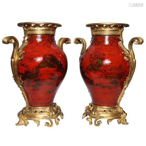 Large Pair of French Red Lacquer, Chinoiserie Decorated and ...