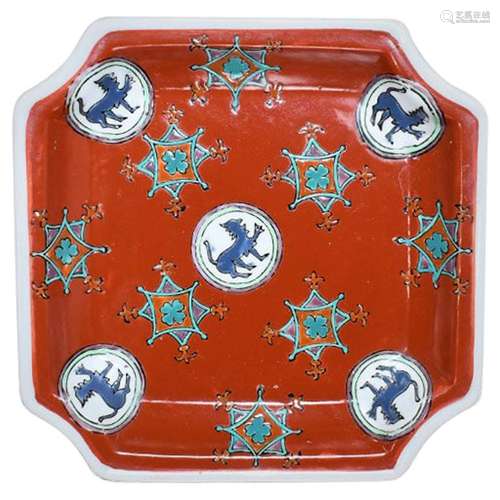 Chinoiserie Hexagonal Red Glazed Decorative Trinket Dish wit...