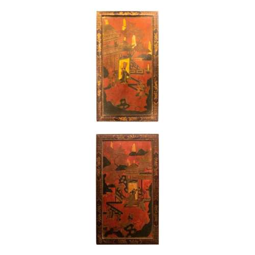 Pair Antique 19th Century Japanese Red Lacquered Wood Panels...